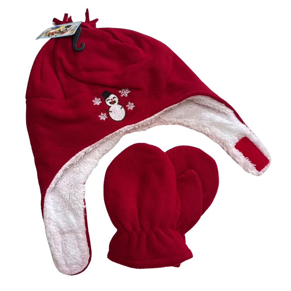 SimpliKids Fleece Sherpa Lined Snowman Kids Winter Hat & Mittens Set 5-7 Years